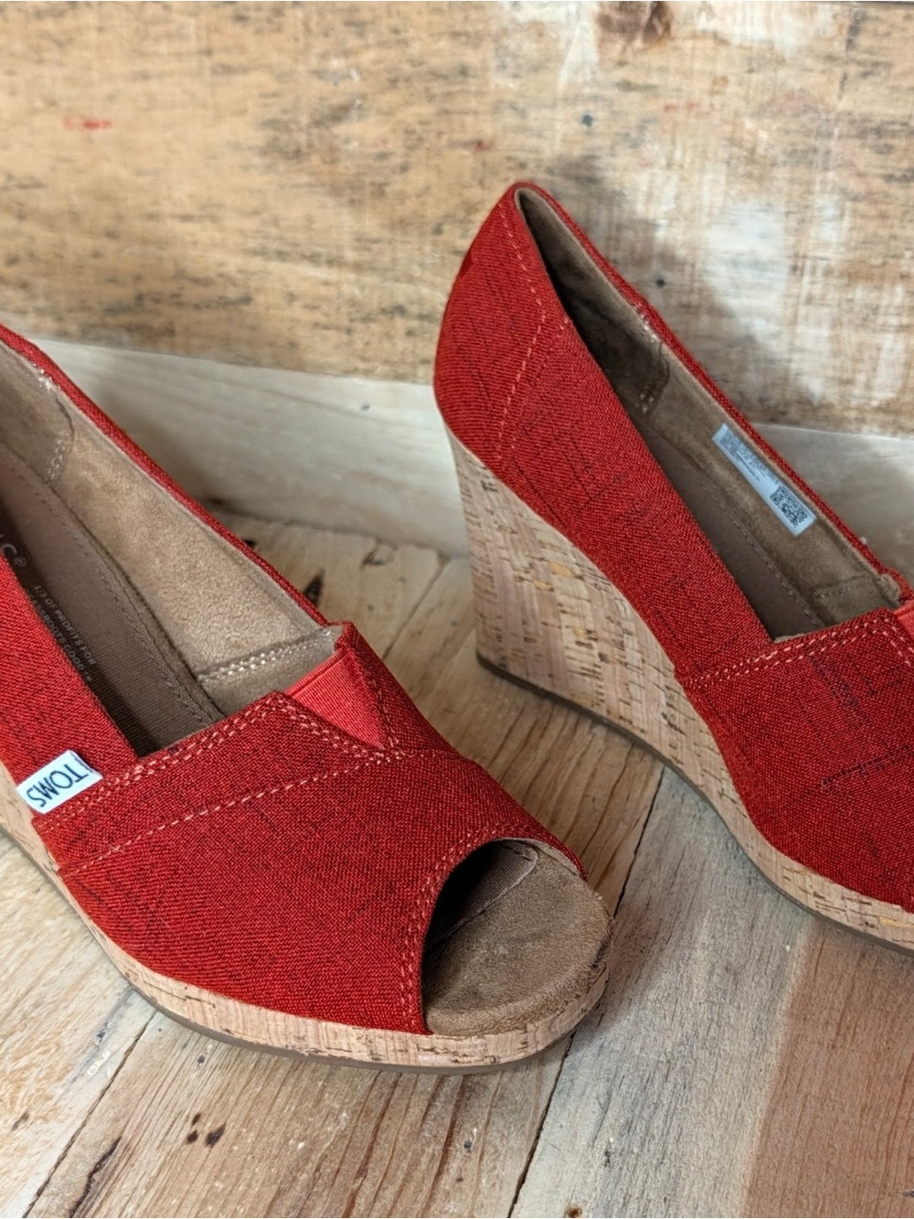 TOMS Red Open-Toe Cork Wedge Espadrilles - Picture 2 of 3